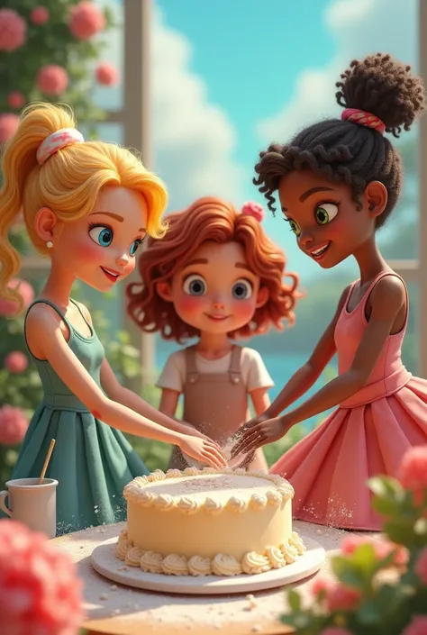 A blonde-haired, blue-eyed dancer next to a dark-haired dancer, green eyes and brunette. Next to her, A girl who makes cakes with red hair and blue eyes, white skin and chubby