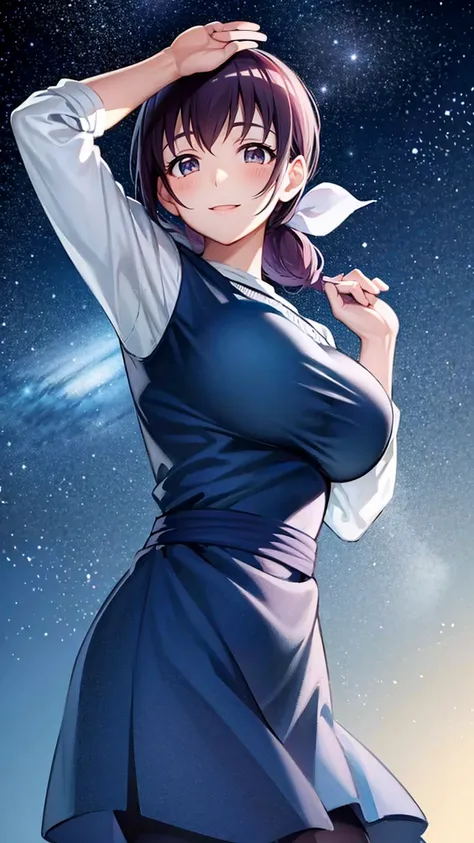 Starry Sky Nurture, Hair tied back, young face, smiling face, large breasts, starry sky, hands up, looking up at the sky, happy, fun