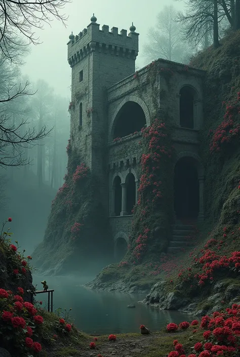 A cracked and old castle in the middle of a dark forest. The castle has to be covered by a rose bush of red roses full of thorns. In front of the castle there is a swing and on the left side there is a pond with two cute frogs.