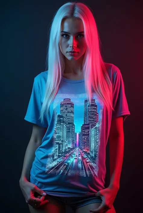 A stunning shot of a ravishing woman with mesmerizing sleek white and pink gradient locks, posing confidently as she showcases her bold graphic tee. The futuristic cityscape on her body tattoo appears three-dimensional, radiating a vibrant glow that seems ...