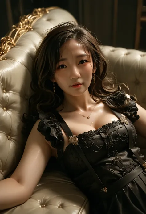 Mature woman lying on a couch, with big black wavy hair, wearing suspenders, Full figure, fine facial features, Realistic image quality, Asian woman, age about 40 years, Surreal