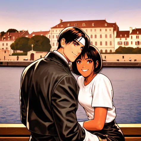 A confident couple, Orochikyo and Dark Skin, stand out against the serene morning sky of France. The man dons a black jacket with rolled-up sleeves, fingerless gloves, and a white T-shirt under a black headband. His piercing red eyes sparkle as he smiles c...