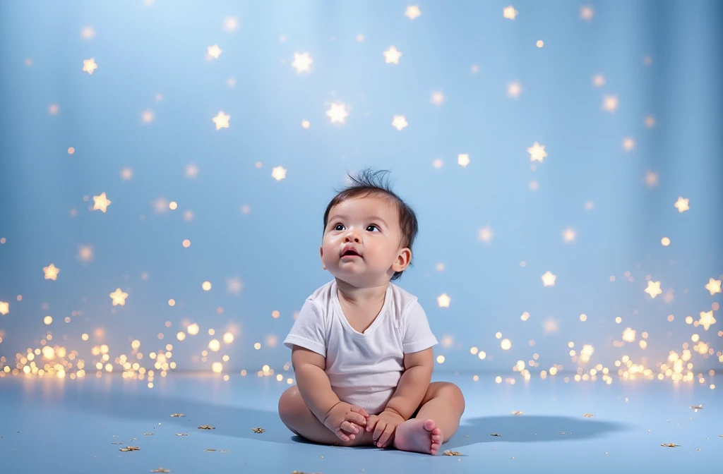 arafed baby sitting on the floor with a one in front of a blue backdrop, on simple background, marvelous expression, modeling photography, closeup portrait shot, in front of white back drop, edited, with stars, shot on canon eos r5, shot on canon eos r 5, ...