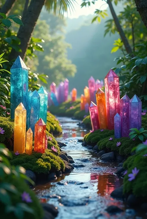 Quartz crystals of different color and height sticking up out of the ground lining a stream's curved edges, a lush jungle beyond the edges of the crystal stream,Full sunlight on stream and crystals. Breathtakingly Beautiful, cinematic photography, cinemati...