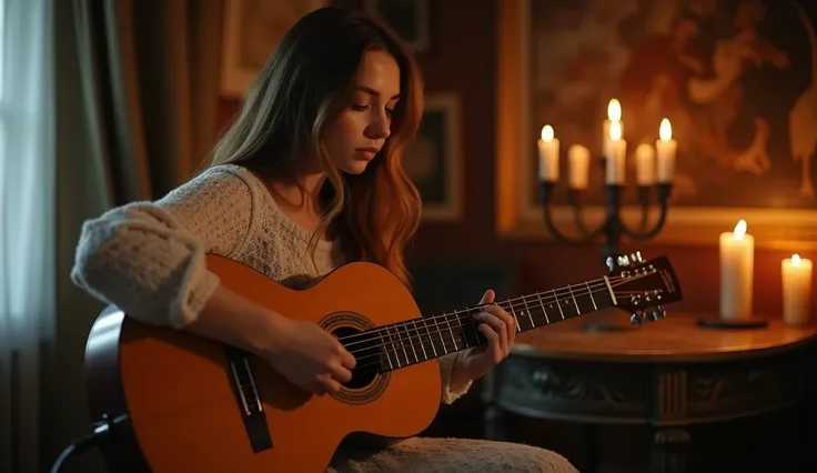 ((best quality)), ((masterpiece)), (detail), perfect face, full body photo of a russian woman playing guitar by candles, scene of an ancient room, blurred background, clear face, clear guitar, surreal photo, 8k, ultra high resolution, sharp face