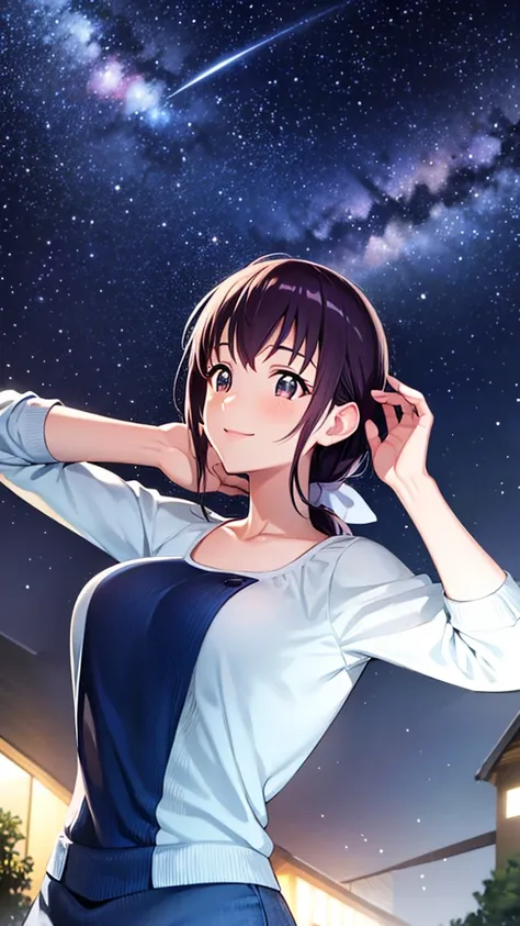 Starry Sky Nurture, Hair tied back, young face, smiling face, large breasts, starry sky, hands up, looking up at the sky, happy, fun, sexual