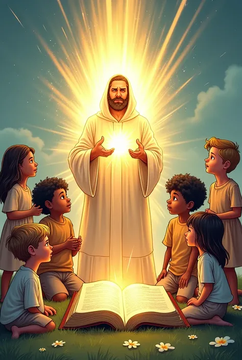 Comic image of the Holy Bible enlightening children