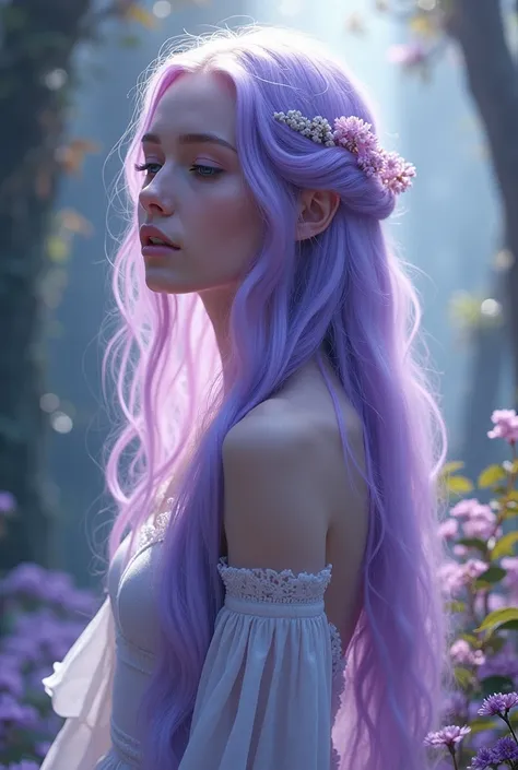 Create a fantasy woman now with light purple hair