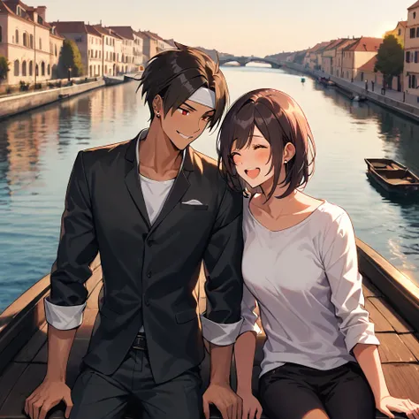 A confident couple, Orochikyo and Dark Skin, stand out against the serene morning sky of France. The man dons a black jacket with rolled-up sleeves, fingerless gloves, and a white T-shirt under a black headband. His piercing red eyes sparkle as he smiles c...