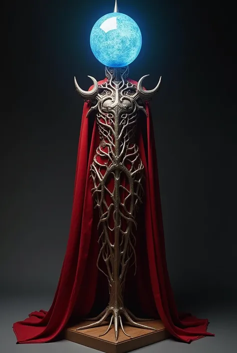 Medieval full light suit on wooden armor stand. Details of the light suit luminous sphere on its light red tip, roots tracing its sphere from end to end diamond sharp at its base, blue glowing light at its end 