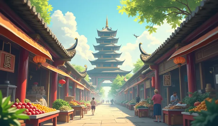 There is morning, a bird on it，The background is Ethnic Markets in North Vietnam, Anime beautiful peaceful  local market scene, Vietnam wide stairs landscapes, , a Vietnam temple background, beautiful anime scenery, anime scene, 
Vietnam pagoda is the cent...