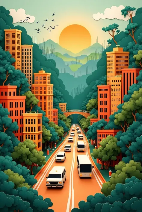 Make a paper cutout art with traffic illustrations, city, floor, nature, deforestation in 70s colors