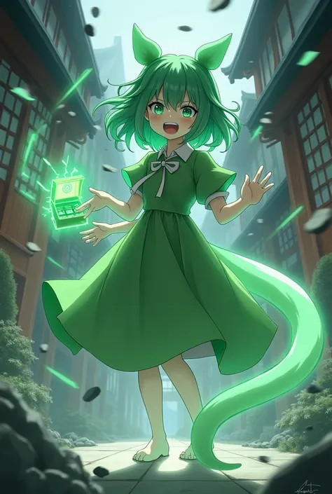 (masterpiece, top quality, best quality, beautiful and aesthetic:1.2),soga no tojiko1girl,hat,green hair,short hair,green eyes,long sleeves, green dress,ghost tail,ghost legs,, japanese architecture, surprised, :o, beam, laser, glaring body, open box, box,...