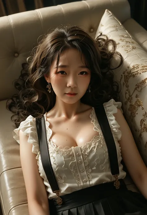 Mature woman lying on a couch, with big black wavy hair, wearing suspenders, Full figure, fine facial features, Realistic image quality, Asian woman, age about 40 years, Surreal