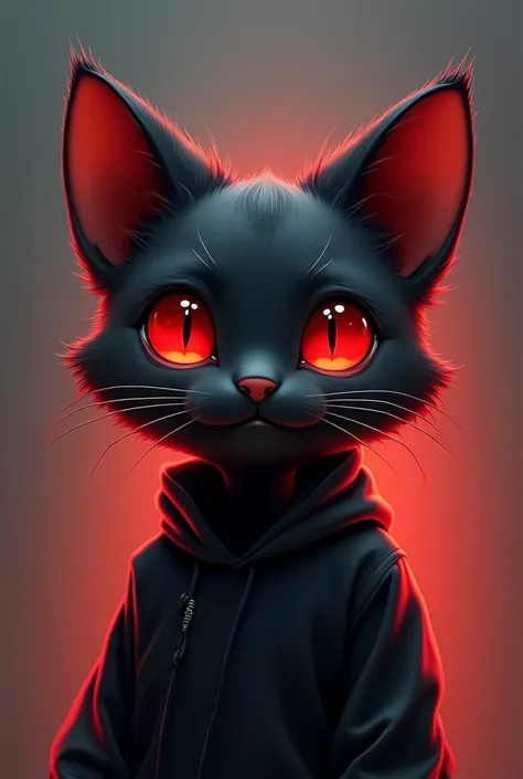 shiny eyes,Photo of the character&#39;s bust,Q Version，avatar frame， character focus，Alone, woolly, black furry male cat, Red skin for men, red eyes, hairless，style ，cute little， I will sell more，Wear black clothes and pants.