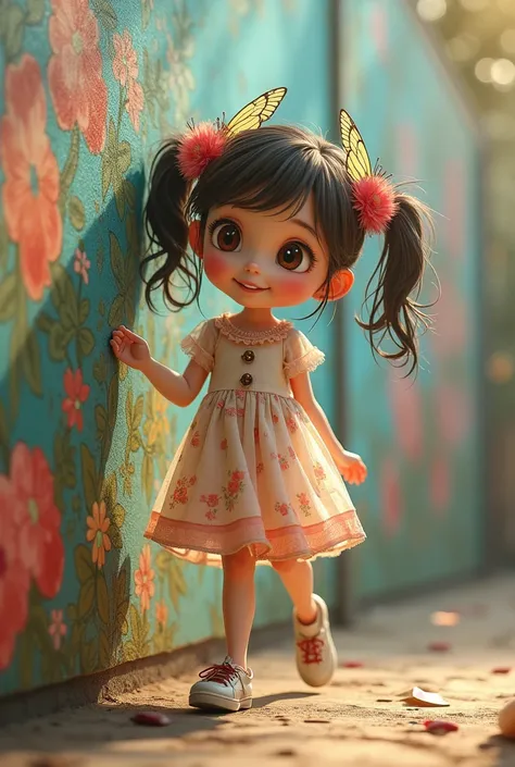 there is a wall in the background、There are beautiful paintings on the wall,   Cute girl is walking over the wall、Smile,  Walking ,Cute shoes、 ultradetailed eyes、Full Paint、Splash、Floral hair ornament、butterfly hair ornament、Taken from the side