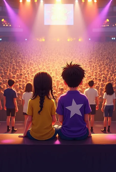 The boy and girl sat together on the crowded stage of the television station.. View from behind looking up at the stage. girl in yellow shirt, braided hair, The boy in the purple shirt has a six-pointed star on his shirt. . cả 2 ngồi trên hàng ghế cùng  nh...