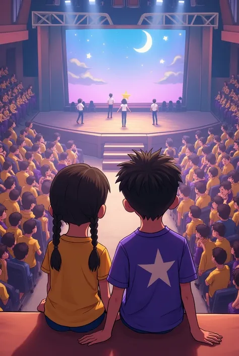 The boy and girl sat together on the crowded stage of the television station.. View from behind looking up at the stage. girl in yellow shirt, braided hair, The boy in the purple shirt has a six-pointed star on his shirt. . cả 2 ngồi trên hàng ghế cùng  nh...