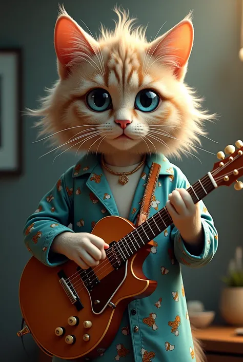 Ek beautiful cat jiska hairstyle Queen jesmin ki trha h or eyes badi badi or blue h eyes ki palke b badi badi h or uske dili se t-shiess or pajama pehna h seen gitar bja ri h