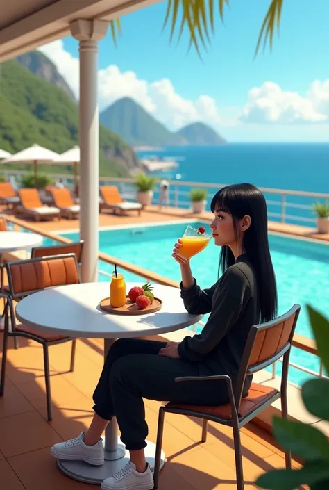 Girl in her 20’s, long black straight hair, wearing black sweatsuit with white sneakers, having piña colada at restaurant by pool at large cruise ship . Pixar cartoon