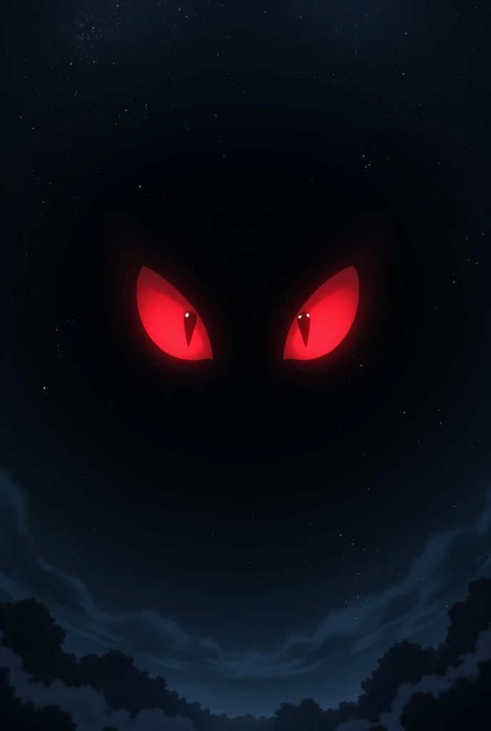 An image of dark outer space with several stars and some planets, and in the middle of the darkness of space two red and evil eyes, as if they were part of outer space itself, no body. In anime format.