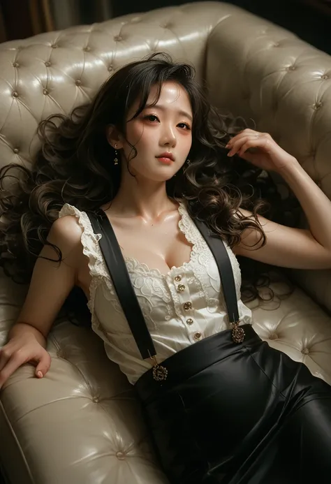 Mature woman lying on a couch, with big black wavy hair, wearing suspenders, Full figure, fine facial features, Realistic image quality, Asian woman, age about 40 years, Surreal