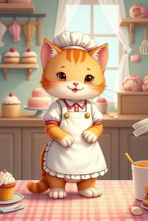 kitten　Wearing a cake shop uniform　Bipedal