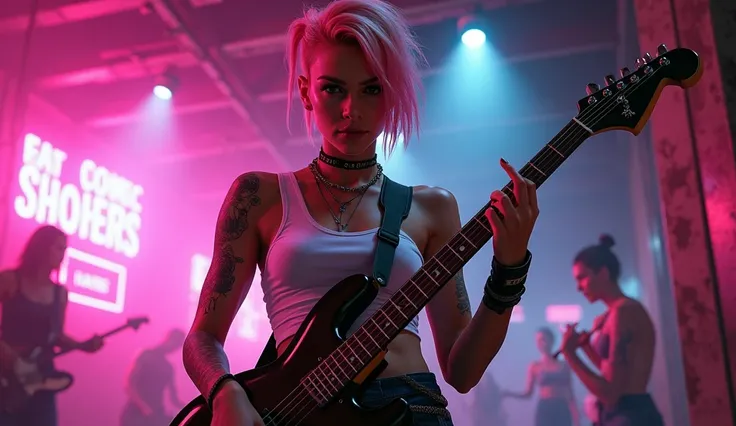 Beautiful punk rock girl。Unusual hairstyle。White tank top。Muscular body。Playing guitar。Cyberpunk。