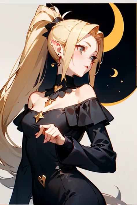 A girl with long blonde hair pulled back into a high ponytail with strands of hair hanging out on the sides. Pointed ears, They have a red heart shaped earring on them. Wearing a black off-the-shoulder dress, with a long collar and long sleeves. On the nec...