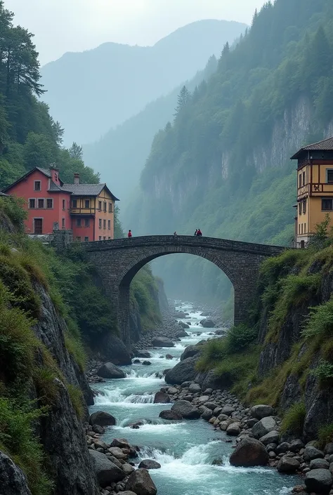 antiquity，Smoky，Aesthetic，nature，Vivid colors，Mountain stream，Ancient Road Bridge，Ancient buildings，Back