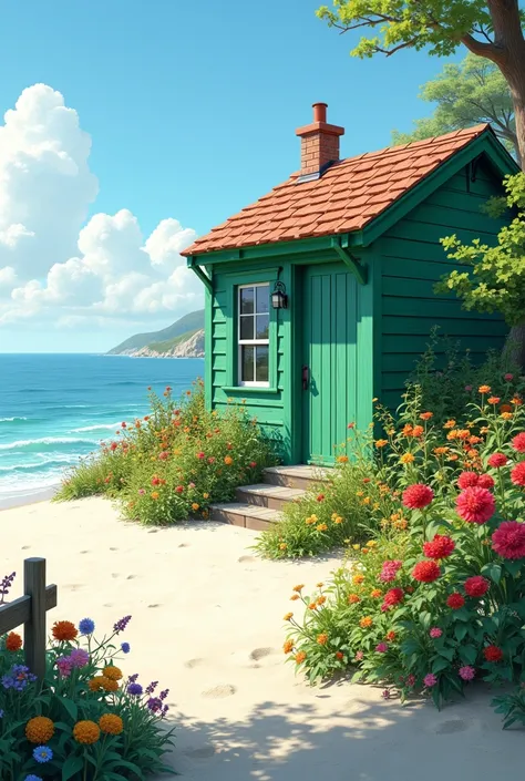 A green house on the beach with a flower area 