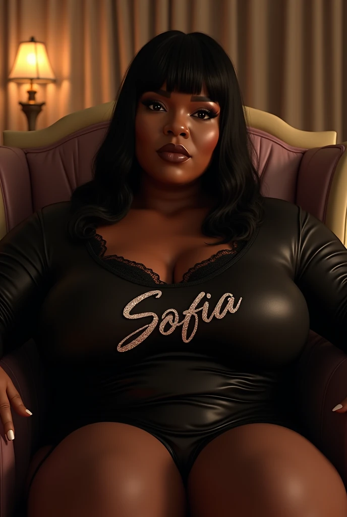 A mature black woman, with straight black hair, she is chubby, has big boobs, a big ass, big butt, she is very sexy and hot. Sitting on a luxury chair, at night in a luxury house, she has a proud face and is wearing a very sexy lace black shirt. full body,...