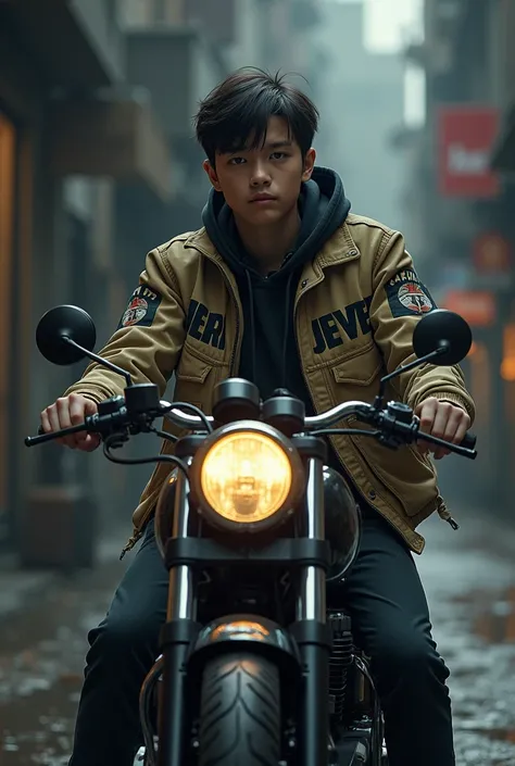 Boy sitting on his motorcycle with a jacket that bears the name of jeiner