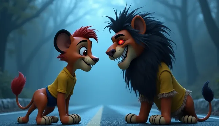 A cute, cartoonish lion character with large expressive eyes and a fluffy mane is running down a foggy road. It wears a bright yellow shirt featuring the dark shorts
"A horrifying version of Kuku Sher appears in front of him. This dark reflection has glowi...