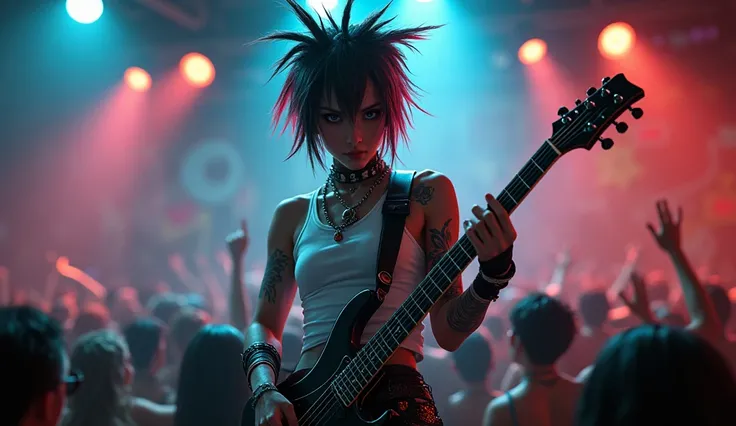 Beautiful punk rock girl。Japanese。Big eyes。Long eyelashes。Unusual hairstyle。White tank top。Muscular body。Playing guitar at a live house。Cyberpunk。