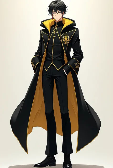 Male anime character full body and tall, wearing a black qipao that reaches almost to the feet along with a coat and hood that is black on the outside and yellow on the inside, red string earring,logos and black hair with blonde highlights.