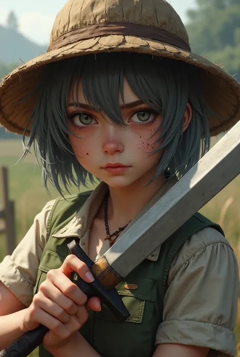 Make a young adult farm girl with short hair and bangs, having a farmer&#39;s hat on his head his hair is grayish brown in color holding a sword with a fearless look, with injuries on the face