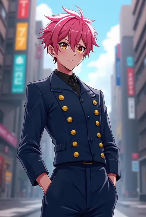 Itadori is a 1 young man with pink hair, he wears dark blue clothes and yellow buttons on the left side of his clothes, he also has brown eyes.