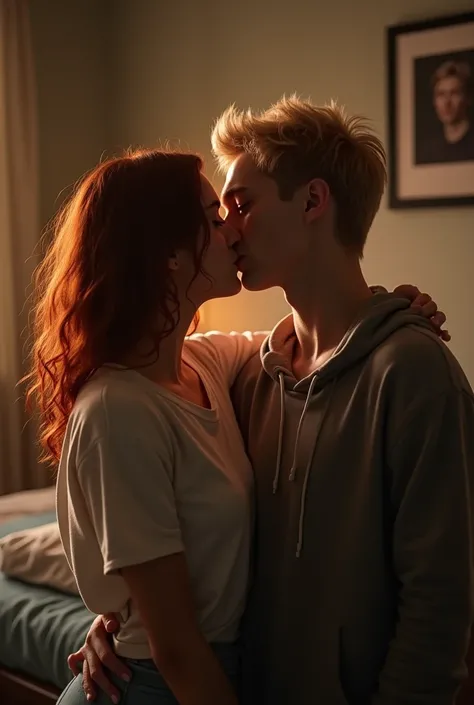 A 20 year old girl, natural red hair in waves,  she is kissing a blond man in a sweatshirt,theyre in the room 