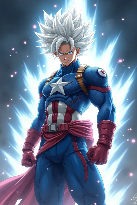 personnage officiel Son Goku Kakarot en mode ultra instinct avec cheveux blanc , portant le costume de Captain America et tenant le bouclier sous le bras droit. Poussière détoiles blanches en lueure autour du personnage