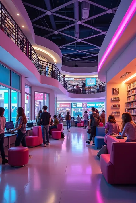 A place for teenagers to have fun inside a mall with arcade games and a library 





