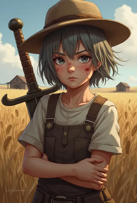 Make a young adult farm girl with short hair and bangs, having a farmer&#39;s hat on his head his hair is grayish brown in color holding a sword with a fearless look, with injuries on her face behind her there is a farm in the distance and some wheat plant...