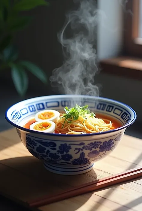  bowl with blue Japanese  decorations and designs and chopsticks with ramen