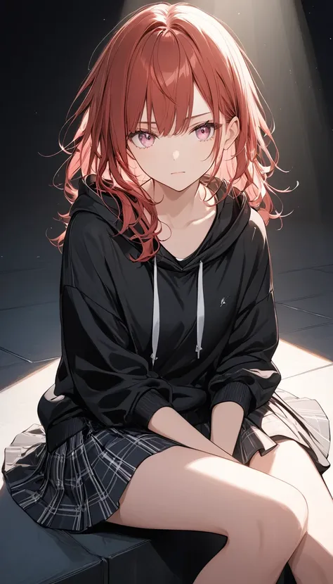 pale colour、Line art,((Amazingly absurd)),(masterpiece:1.2),超High resolution, Attention to detail, high quality, High resolution, 最high quality, Black hoodie、Contrast of light and dark、Light and darkness theme、pretty girl、Skirt、Red Hair、messy Hair、Pink Eye...