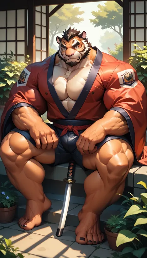 bara tiger, fur, strong physique, perfect anatomy, masterpiece, black beard, squad:1.2, big eyes, solo, great lighting, shorts, ...