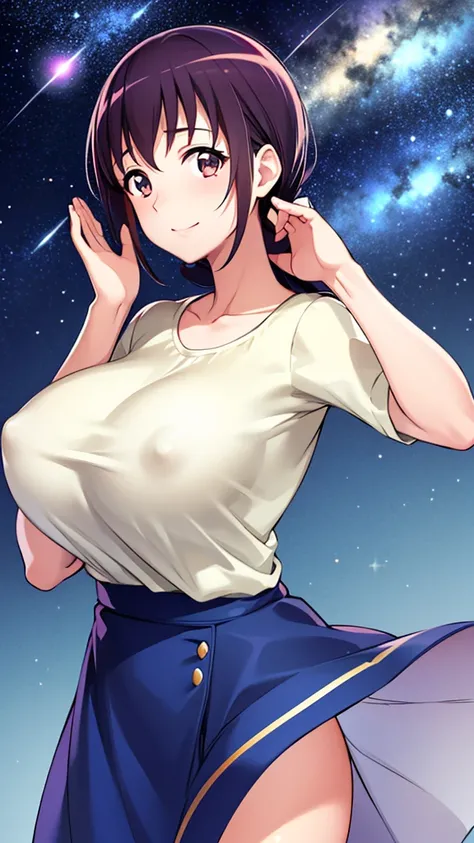 Starry Sky Nurture, Hair tied back, young face, smiling face, huge breasts, nipples visible through clothes, starry sky, hands raised in the air, looking up at the sky, happy, fun, sexual