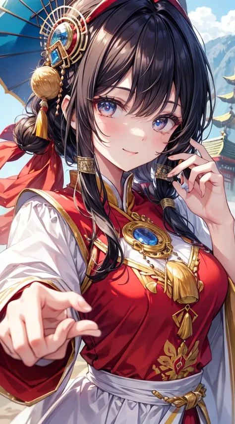 Dynamic Angle,masterpiece、High resolution、最high quality、Ultra-detailed、Detailed face、(Detailed eyes)、 pretty girl、Bhutanese royal dress,smile,high quality,Beautiful fingers,Beautiful Hands,fingertip,Asian Castle