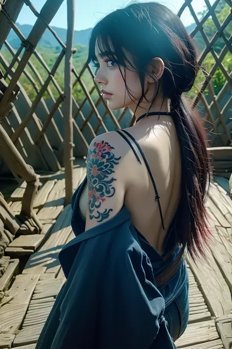 masterpiece, top quality, best quality, official art, beautiful and aesthetic:1.2),1girl, tattoo, solo, japanese clothes, red and black kimono, hair ornament, unsheathing, black hair, sheath, back tattoo, dragon tattoo, blue eyes, off shoulder, bare should...