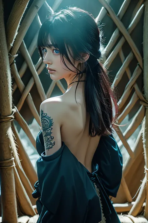 masterpiece, top quality, best quality, official art, beautiful and aesthetic:1.2),1girl, tattoo, solo, japanese clothes, red and black kimono, hair ornament, unsheathing, black hair, sheath, back tattoo, dragon tattoo, blue eyes, off shoulder, bare should...