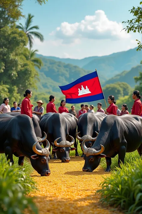 Buffalo eat rice with people holding the Cambodian flag Size 1080*1080